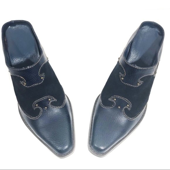 None Shoes - Dark Blue Leather Cowboy Mules Sz 8